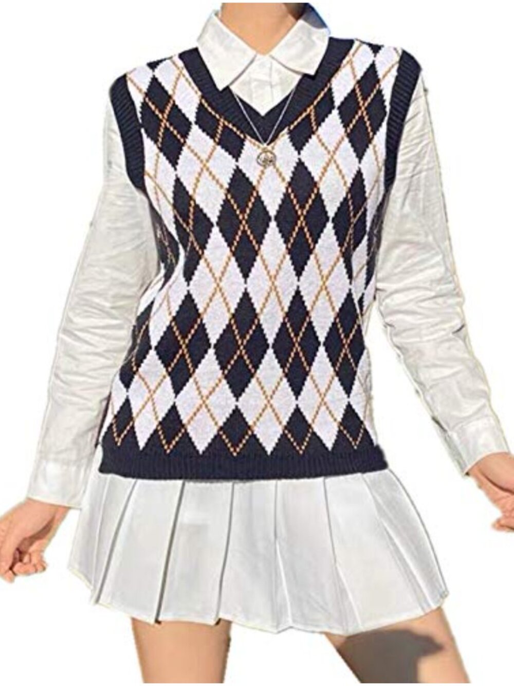 Argyle Sweater Vest Women V Neck Knit Preppy School Tank Top